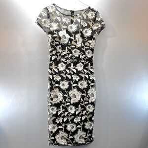 David Meister Black White Gold Floral Embroidered Size 6 Midi Short Sleeve Dress